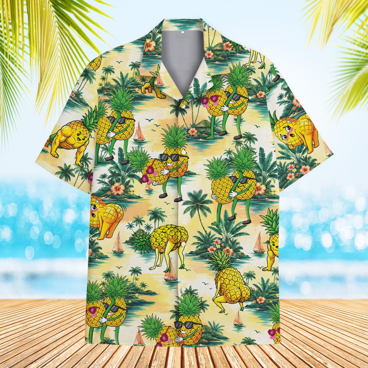 Front detail of the funny pineapples hawaiian shirt showing tropical sunset