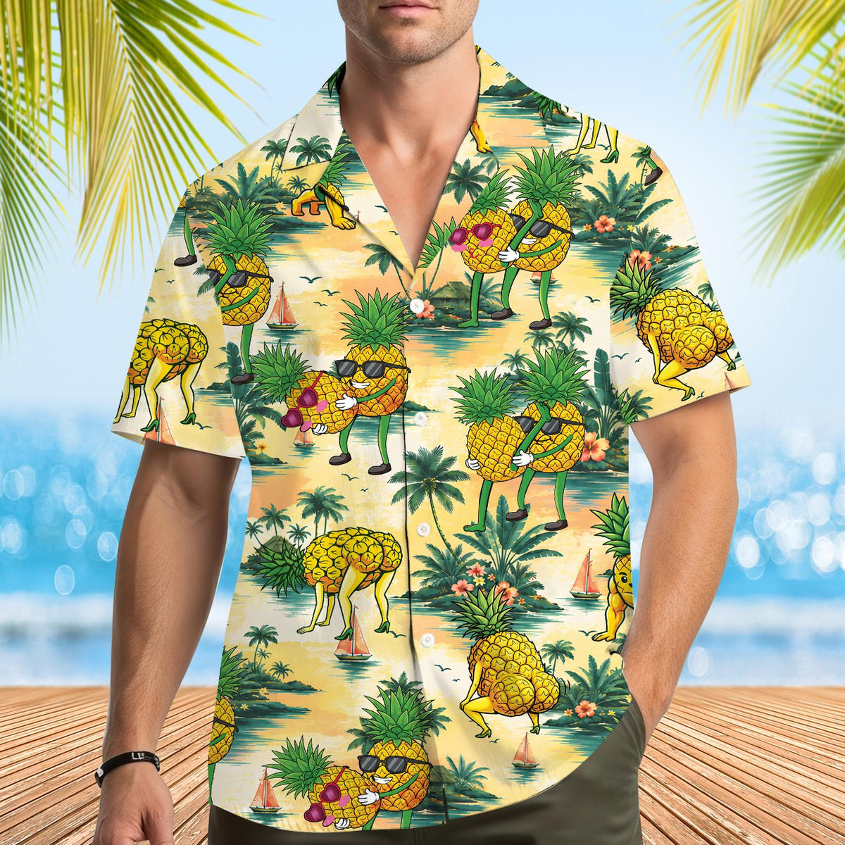Person wearing the funny pineapples hawaiian shirt in a casual outdoor setting