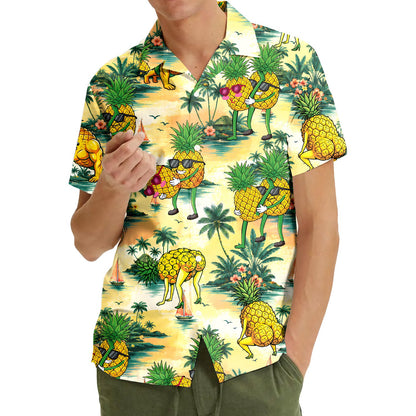 Lifestyle shot highlighting the tropical sunset background on the hawaiian shirt