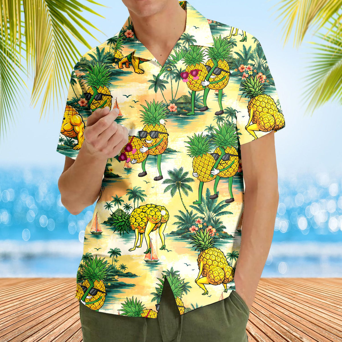 Group wearing matching family hawaiian shirts with funny pineapples design