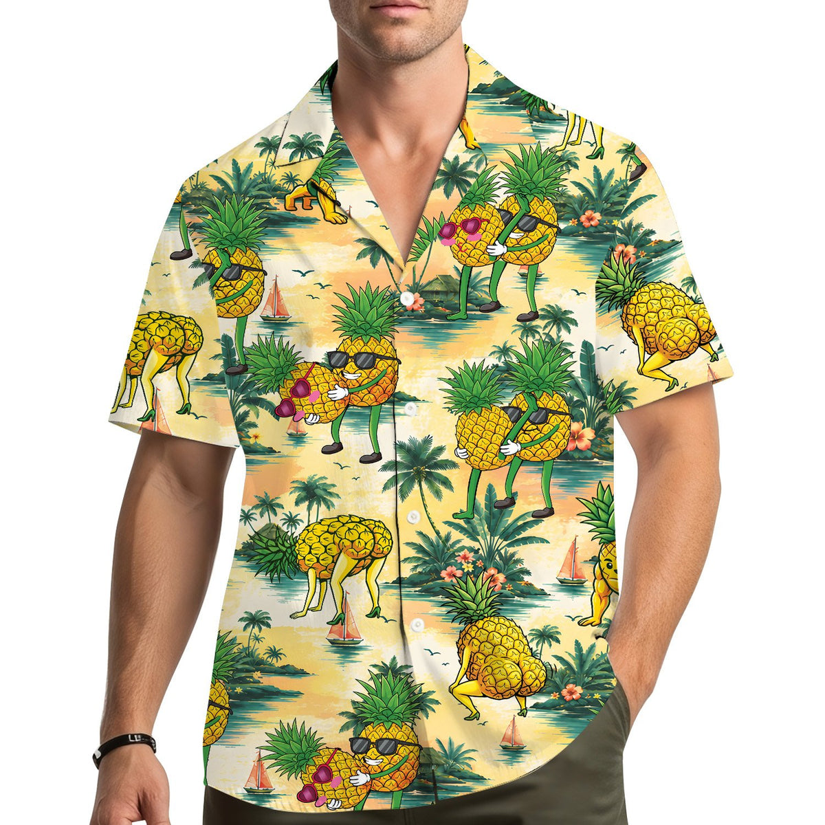 Lifestyle view of the family matching hawaiian shirts at a summer event