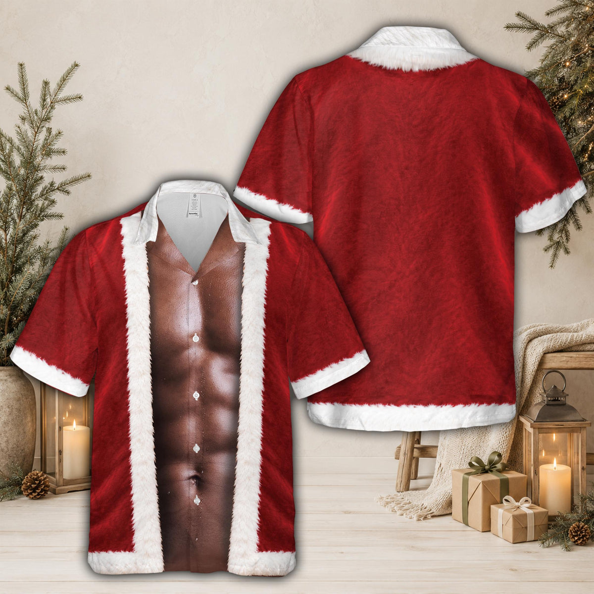 Detailed front view of the funny santa hawaiian shirt open coat design