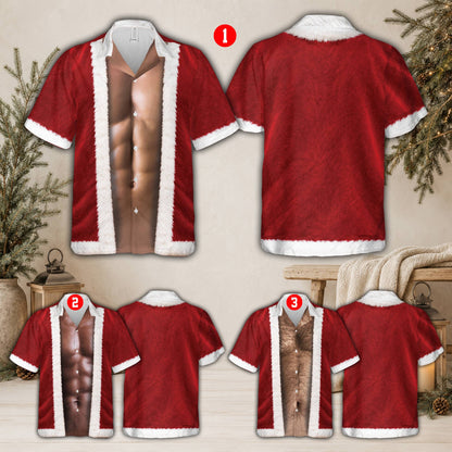 Angled view of the red funny santa hawaiian shirt