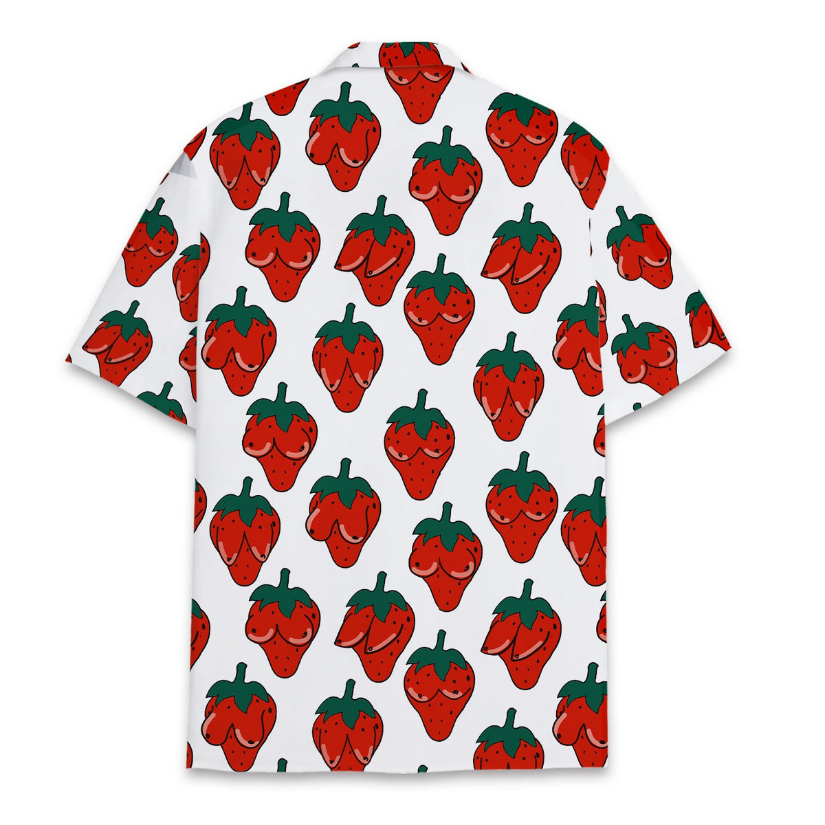 Back view of the white funny hawaiian shirt with strawberry pattern.