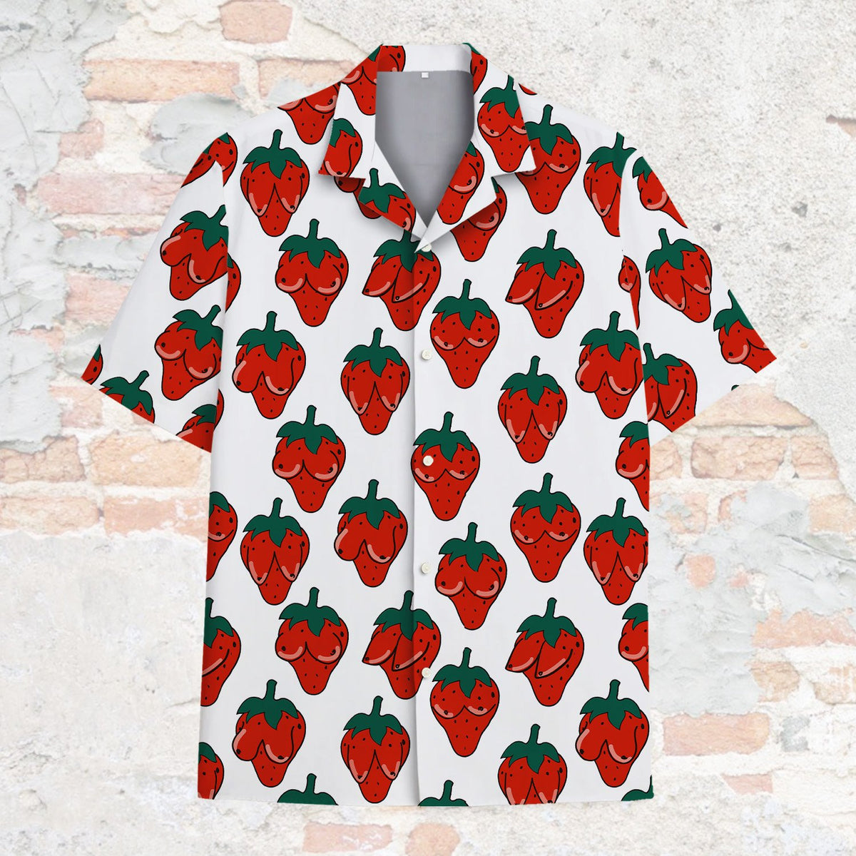 Main view of the white funny hawaiian shirt featuring suggestive strawberries.