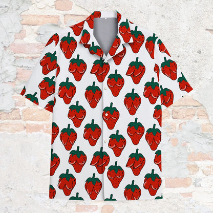 Front view of the suggestive strawberry hawaiian shirt.