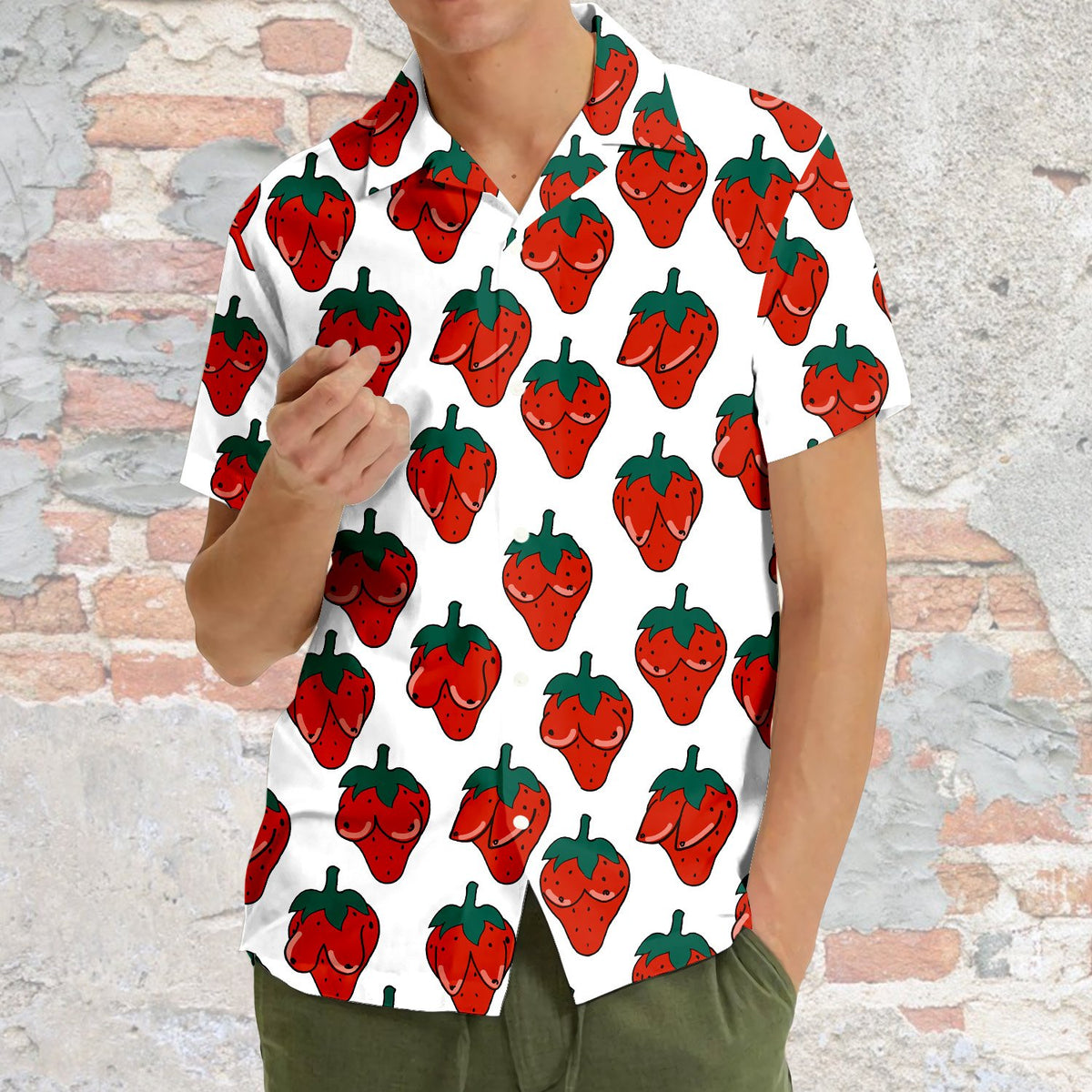 Fourth lifestyle shot of the playful summer hawaiian shirt.