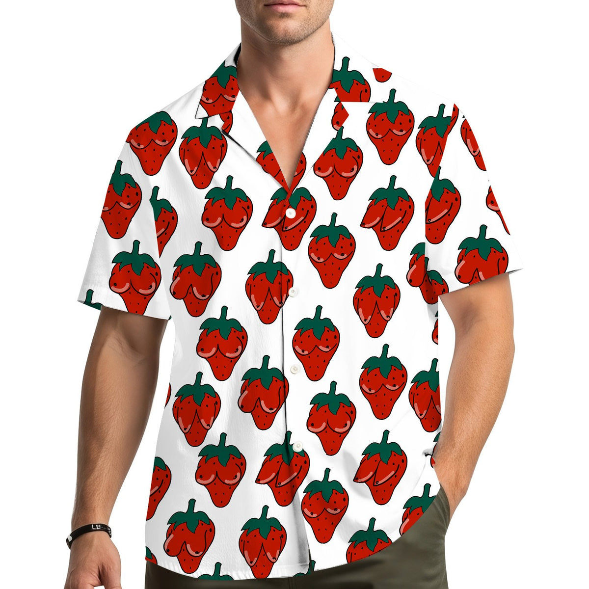 Lifestyle view of a person wearing the white funny hawaiian shirt outdoors.