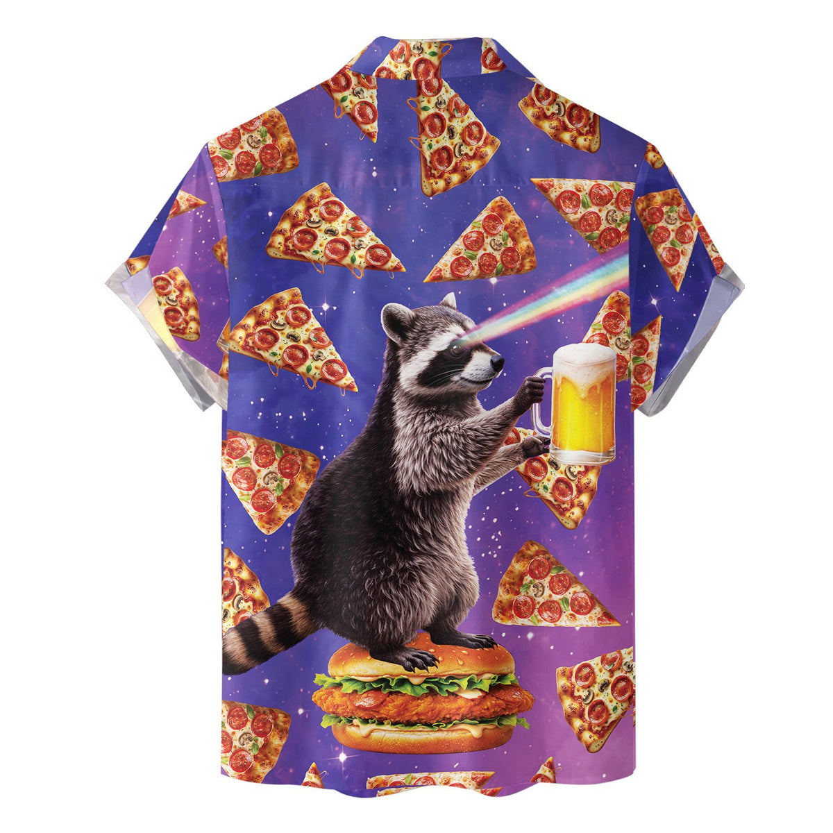Back view of the purple cosmic hawaiian shirt with pizza and raccoon design
