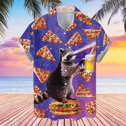 Detailed front view of the purple funny hawaiian shirt with laser raccoon