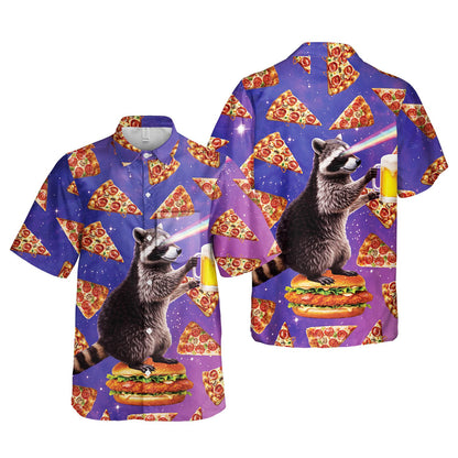 Close up front view of the surreal space raccoon hawaiian shirt