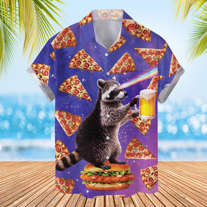 Funny surreal hawaiian shirt featuring a space raccoon shooting lasers on a cosmic background, front view