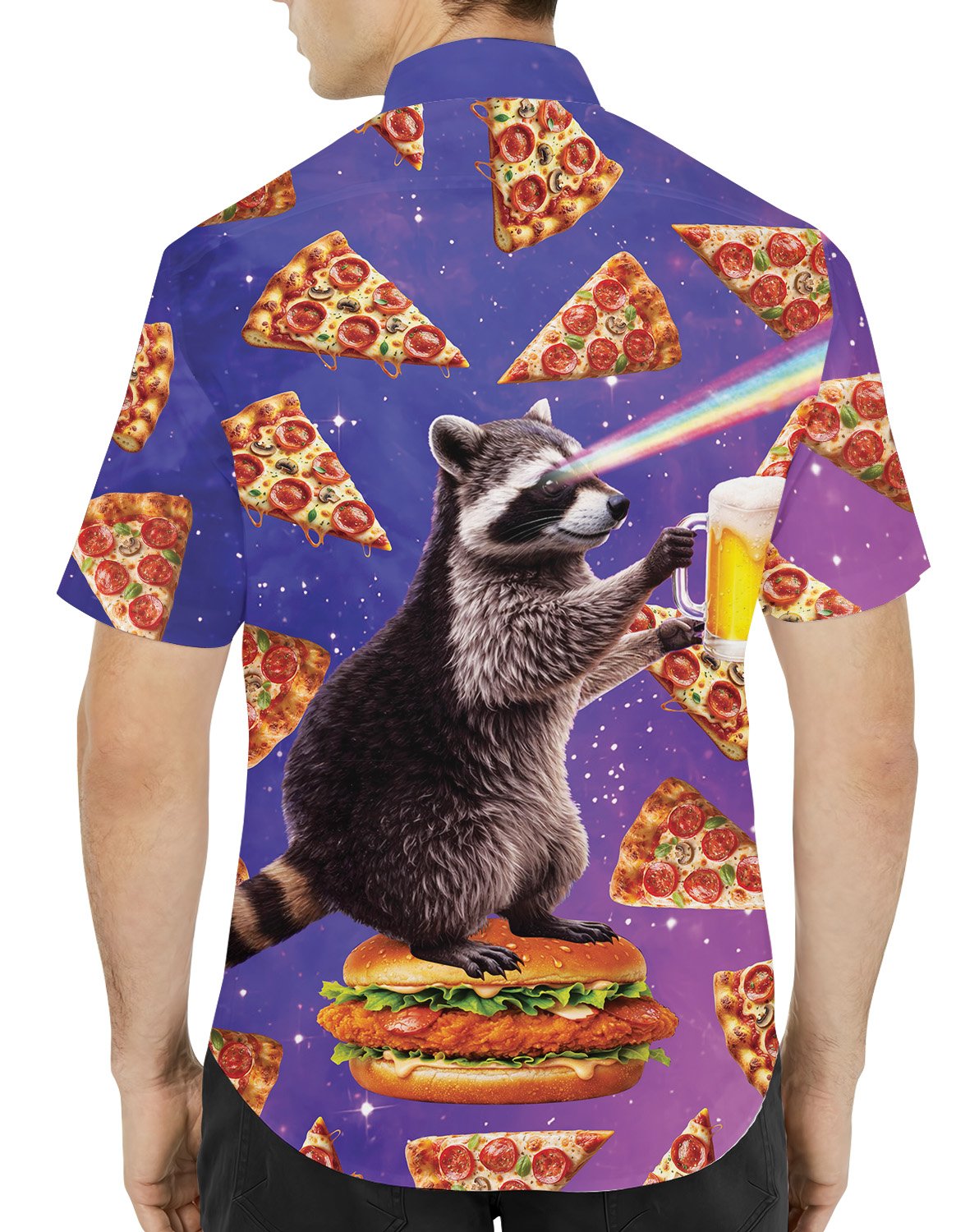 Second lifestyle view showing the surreal animal space hawaiian shirt in action