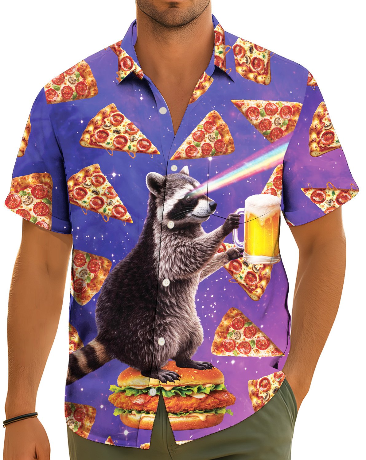 Lifestyle view of an adult wearing the funny space raccoon hawaiian shirt