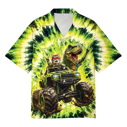 Funny surreal hawaiian shirt with cat and T-Rex monster truck design, front view