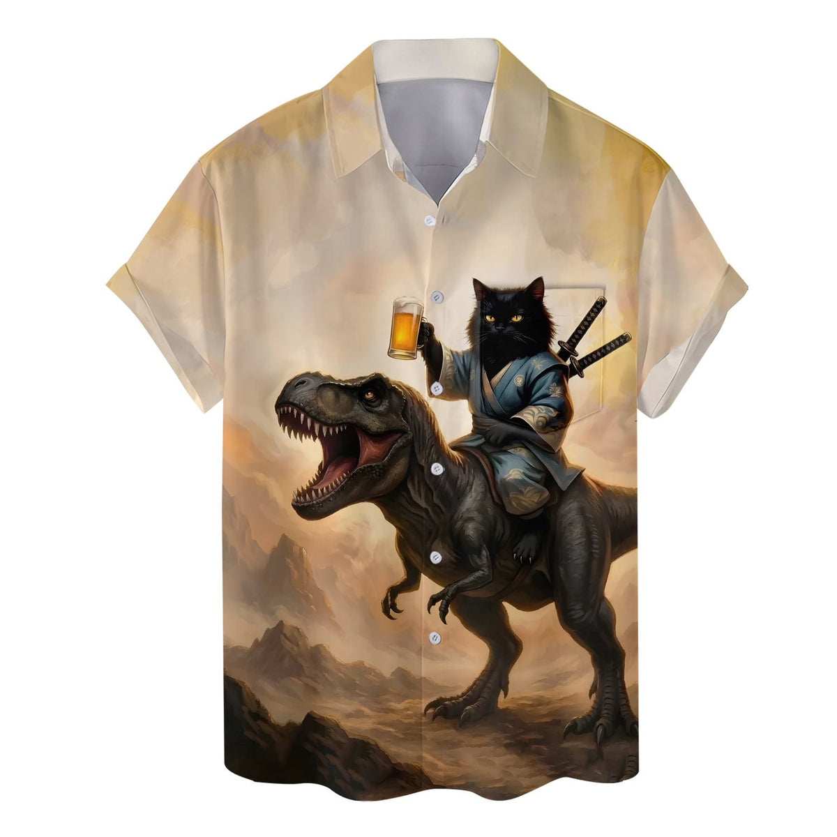 Front view of the funny hawaiian shirt with samurai cat and dinosaur print