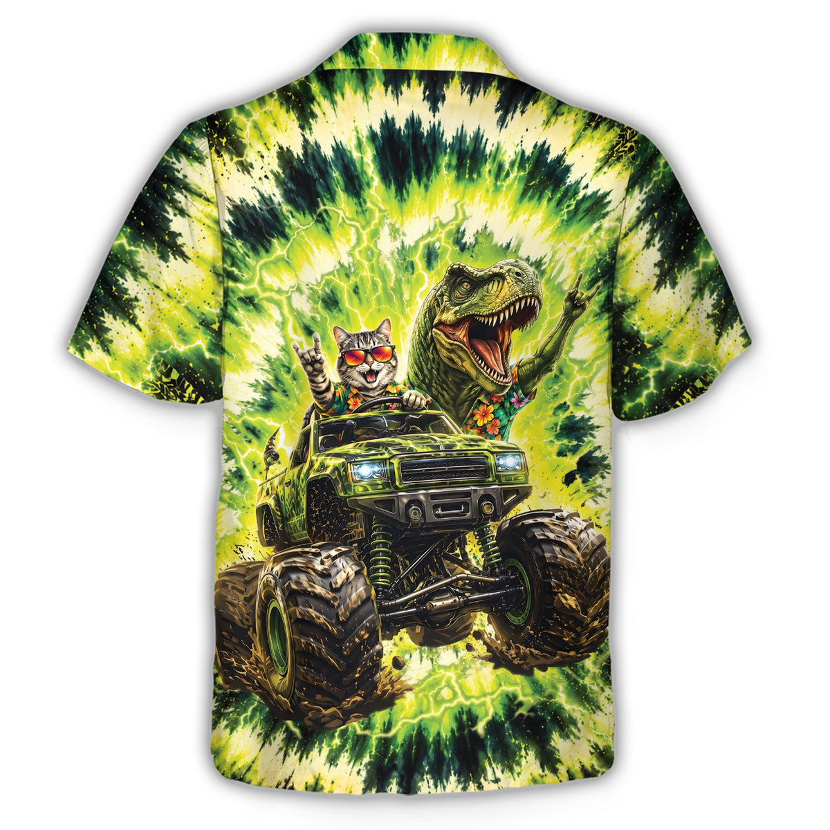 Second lifestyle view showing the comfortable fit of the green tie-dye shirt