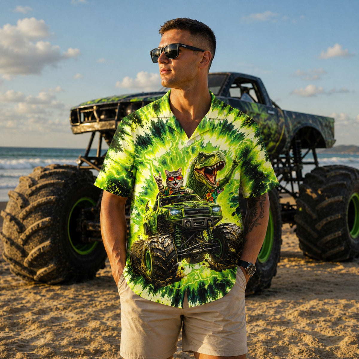 Lifestyle view of someone wearing the matching family hawaiian shirt outdoors