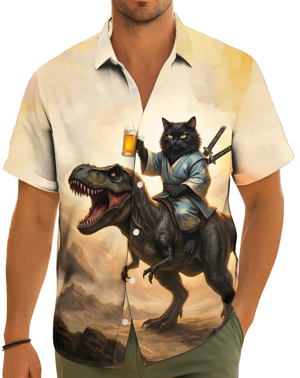 Lifestyle view of a person wearing the matching family hawaiian shirt