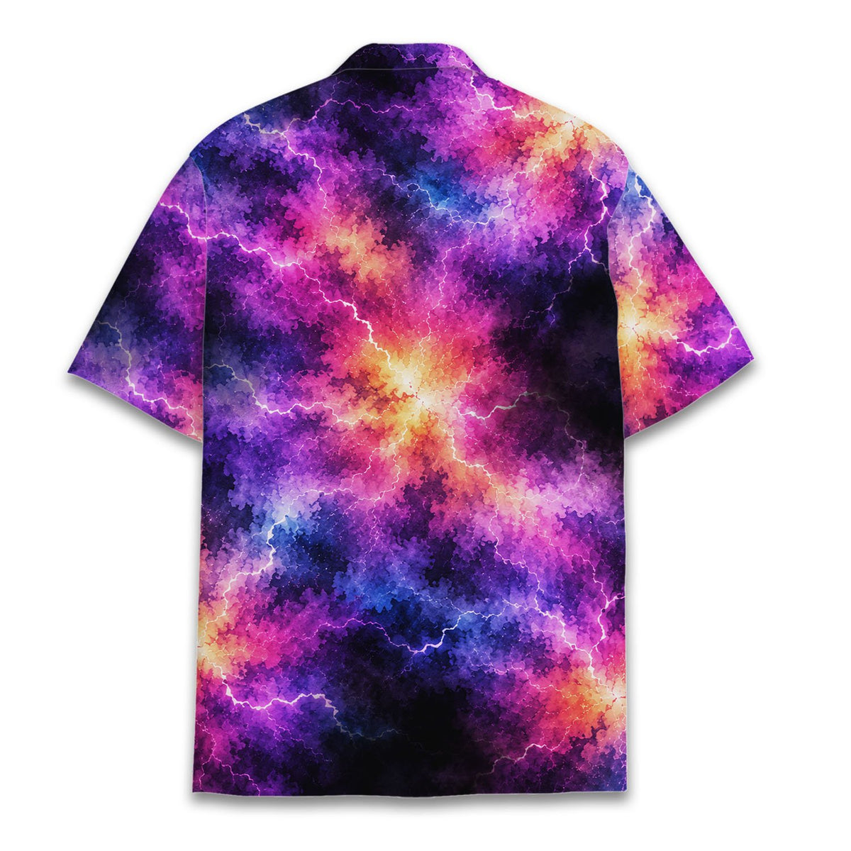 Back view of the purple galaxy hawaiian shirt showing the vibrant cosmic print