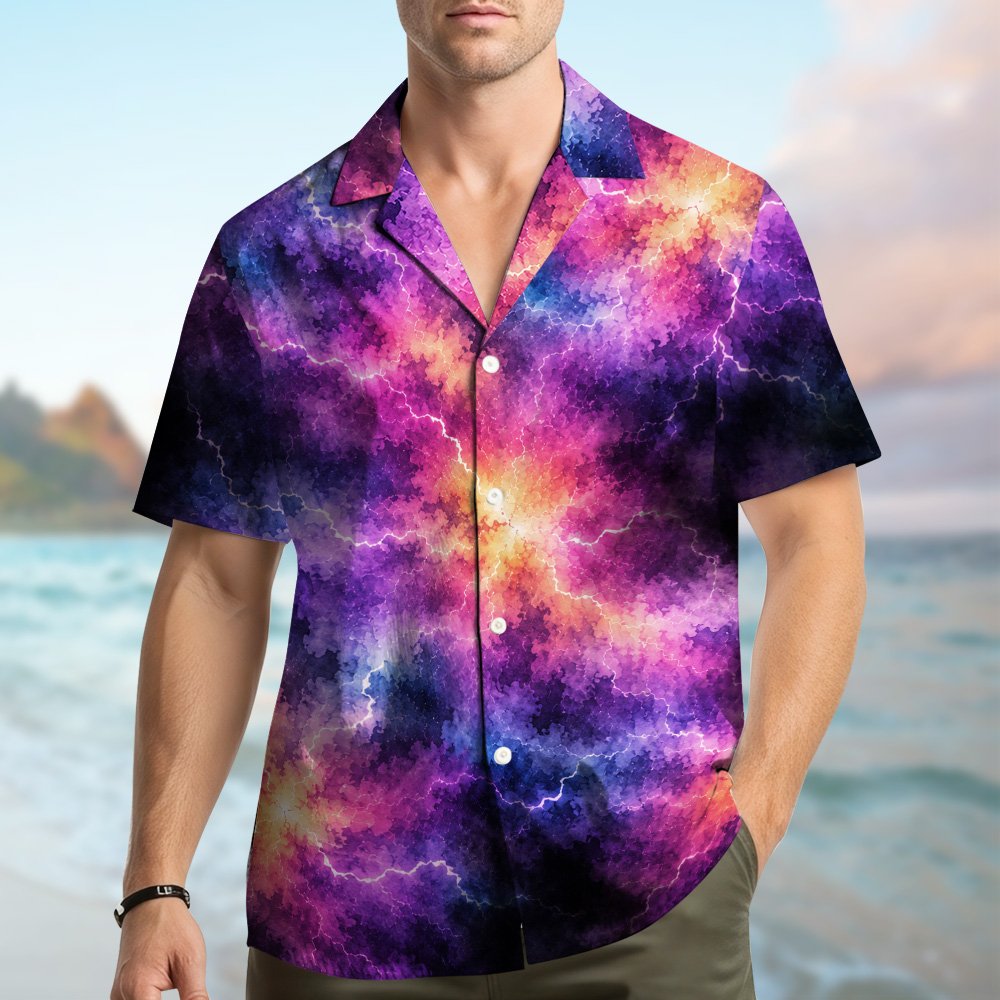 Detailed front view of the cosmic nebula matching family hawaiian shirt