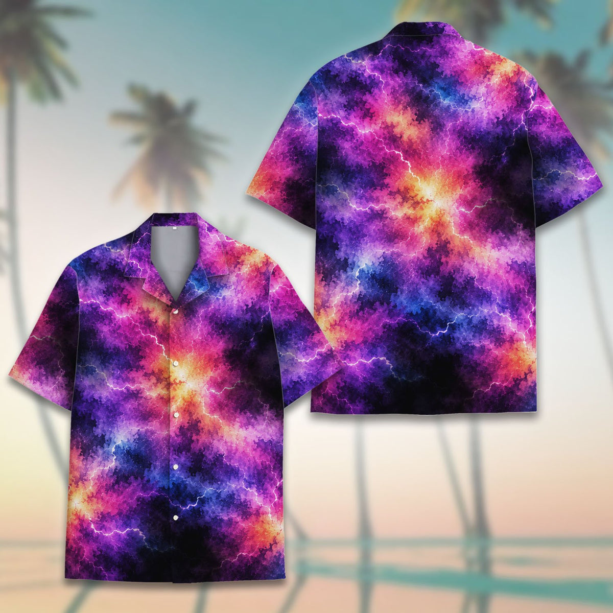Front angle of the abstract cosmic hawaiian shirt