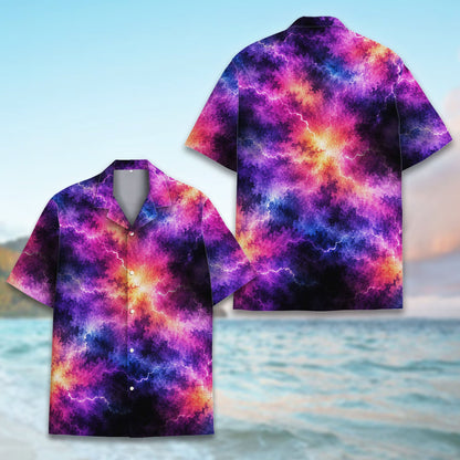 Close-up front view of the deep purple space energy shirt