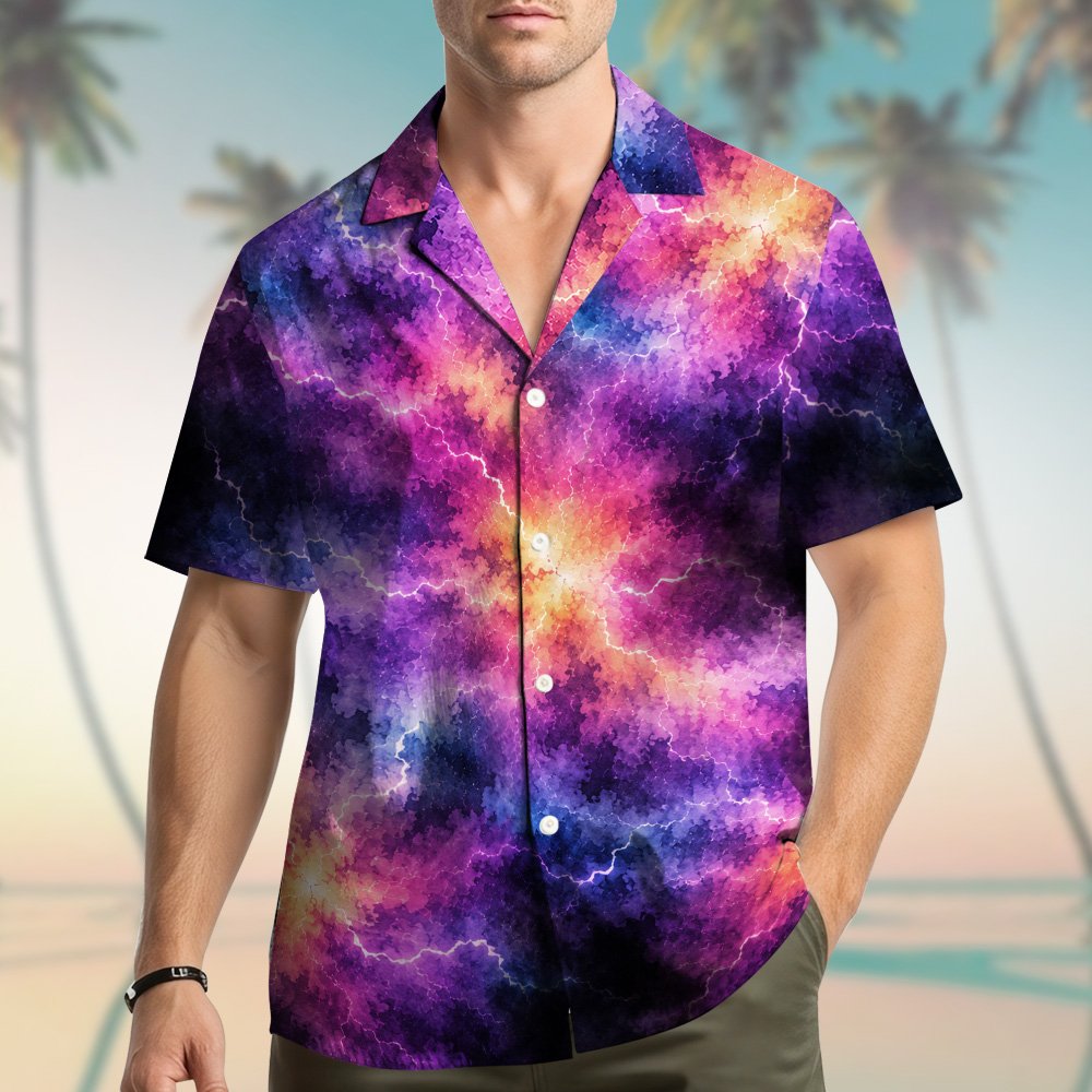 Matching family hawaiian shirt with abstract cosmic energy print, front view