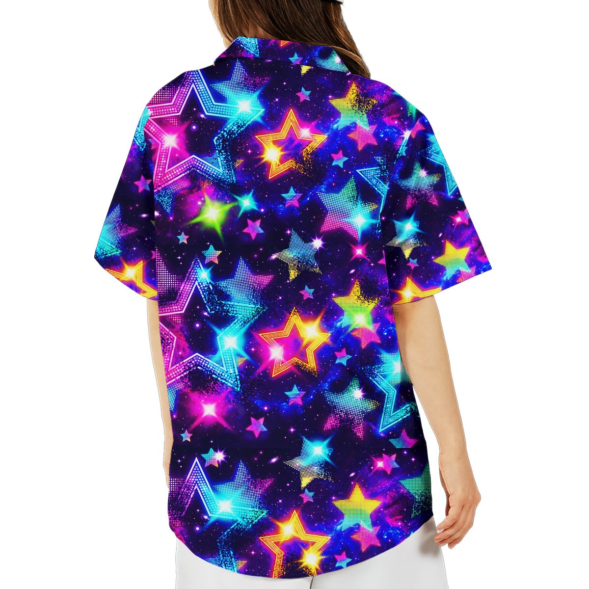 Back view of the galaxy retro hawaiian shirt with vibrant neon stars
