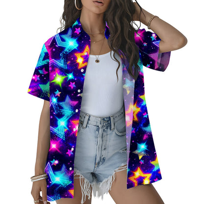 Close-up front view of the galaxy retro hawaiian shirt