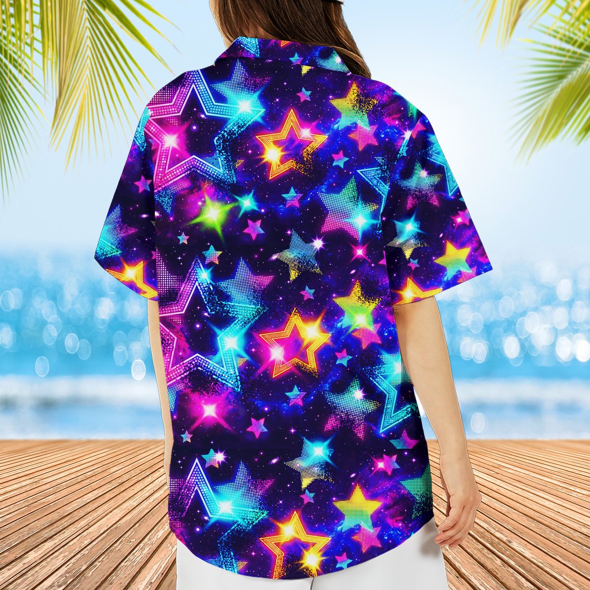 Family wearing matching galaxy retro hawaiian shirts outdoors
