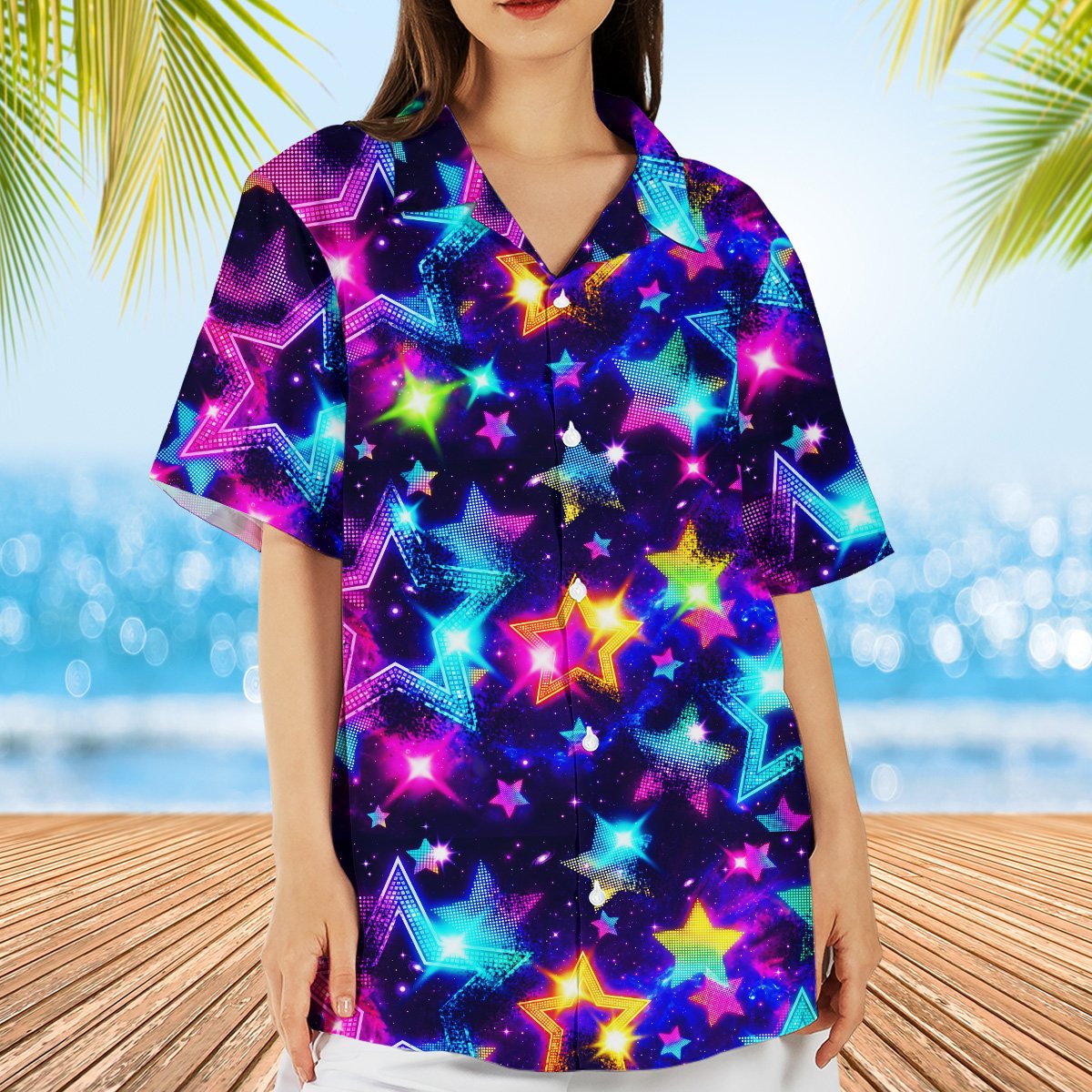Person wearing the matching family hawaiian shirt in a casual setting