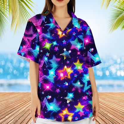 Person wearing the matching family hawaiian shirt in a casual setting