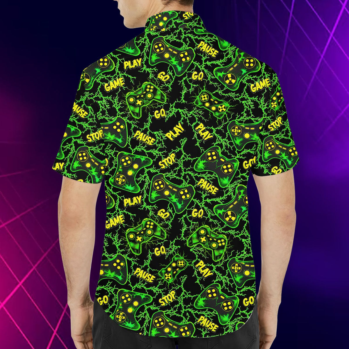 Alternate back view of the gaming hawaiian shirt showing vibrant colors