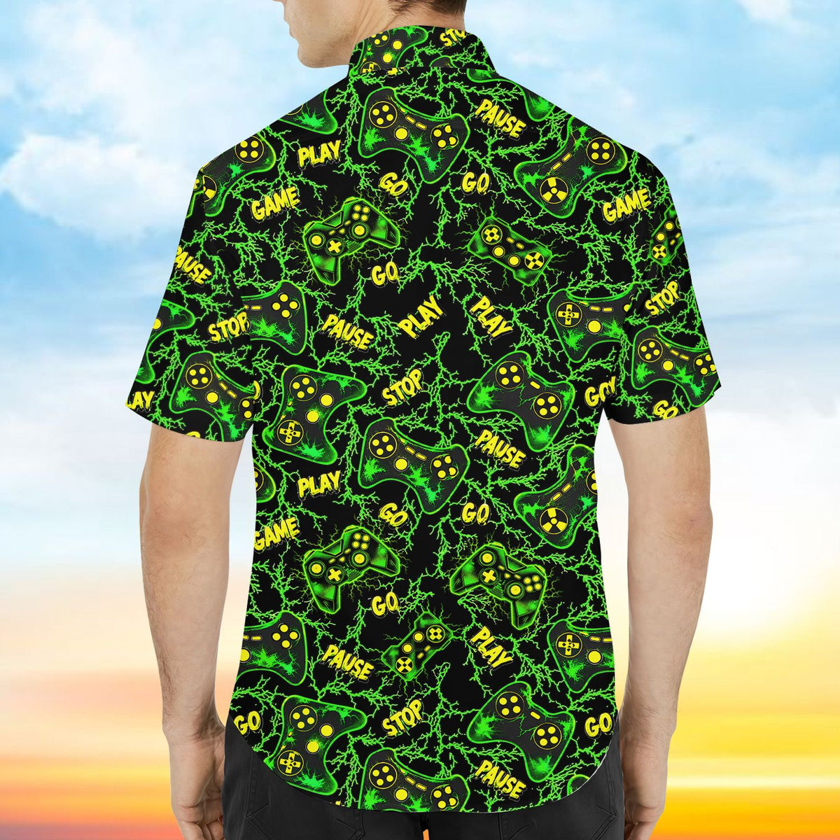 Back view of the gaming hawaiian shirt with repeating neon controller pattern