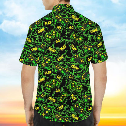 Back view of the gaming hawaiian shirt with repeating neon controller pattern
