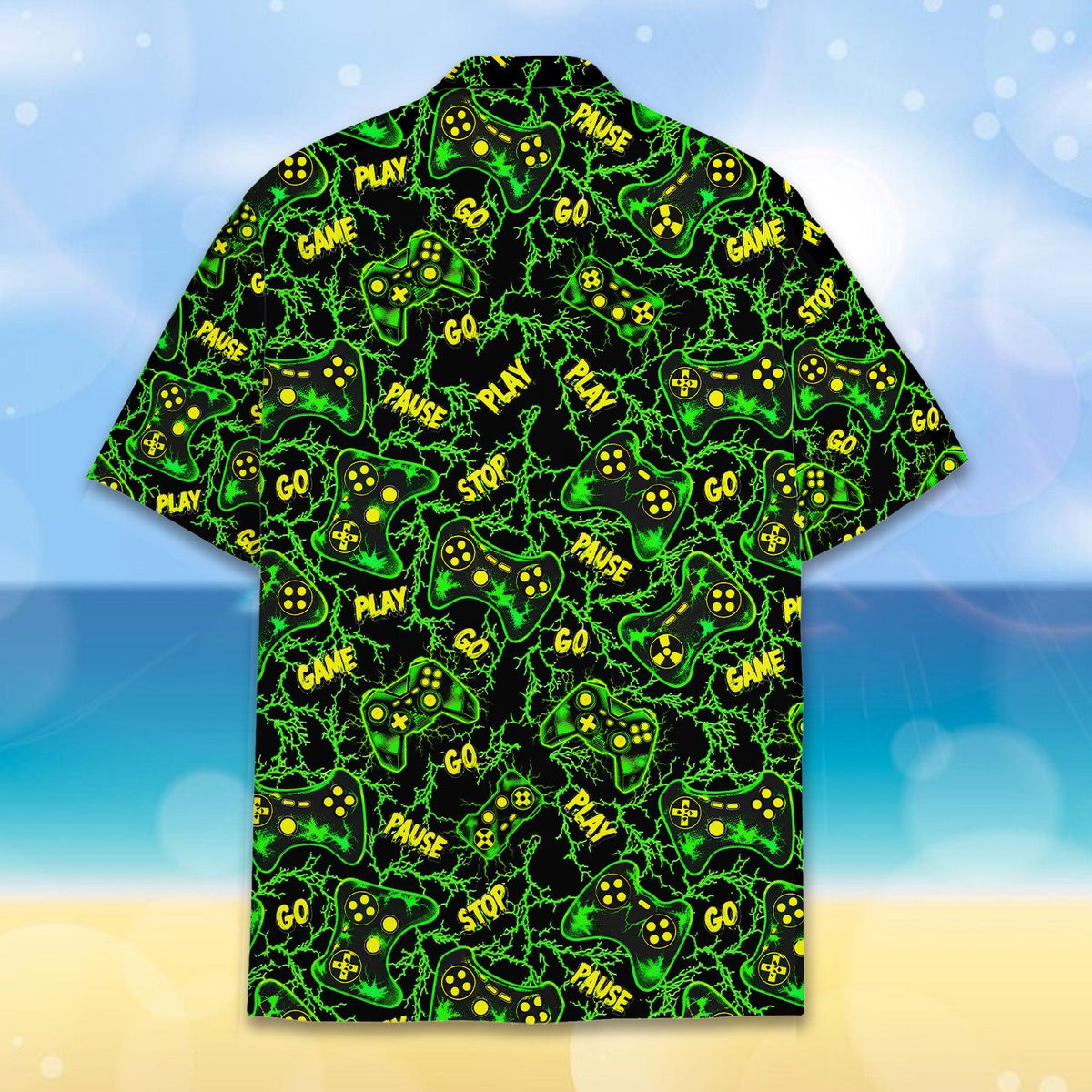 Close up front view of the gaming hawaiian shirt showing the controller design