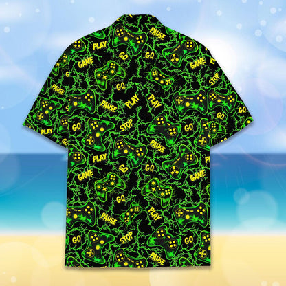 Close up front view of the gaming hawaiian shirt showing the controller design
