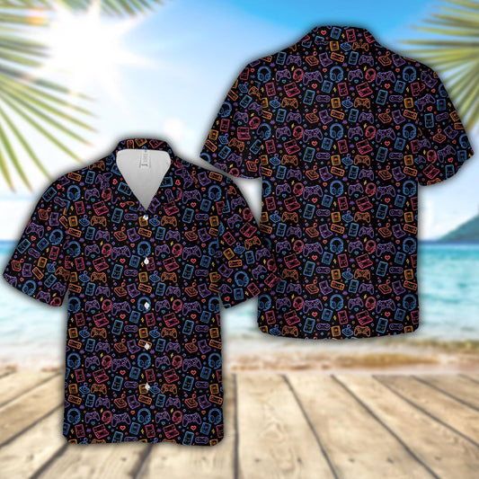 Black gaming hawaiian shirt with neon retro controllers and consoles, main view