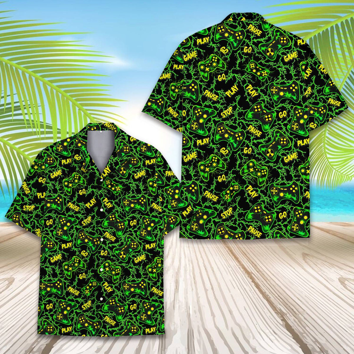 Detail front view of the gaming hawaiian shirt displaying 'PLAY' and 'GAME' text