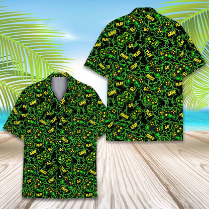 Detail front view of the gaming hawaiian shirt displaying 'PLAY' and 'GAME' text