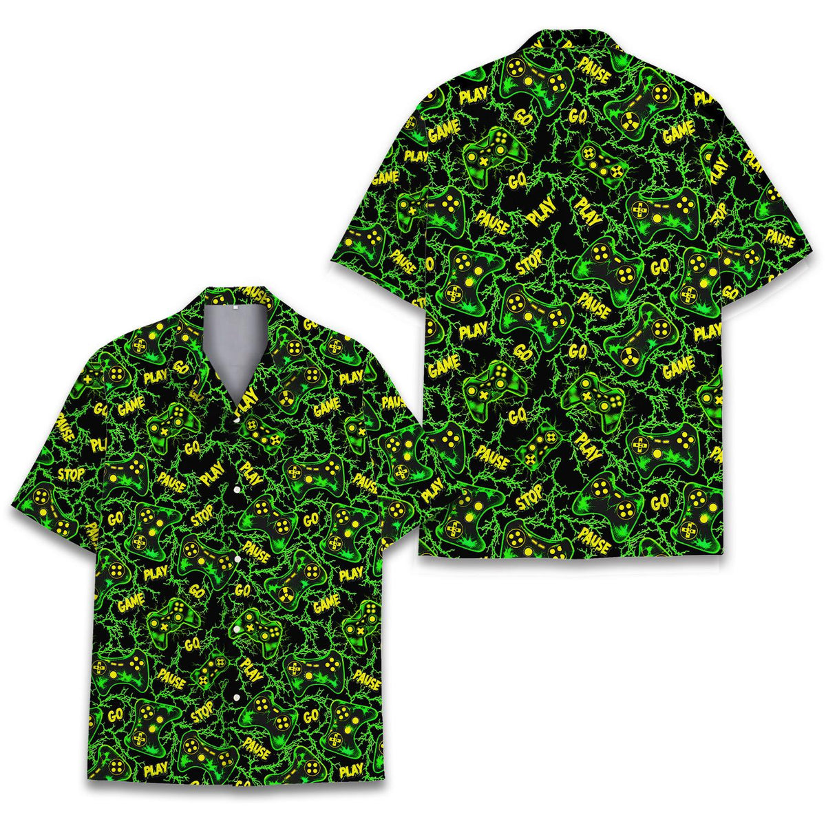 Styled front view of the gaming hawaiian shirt