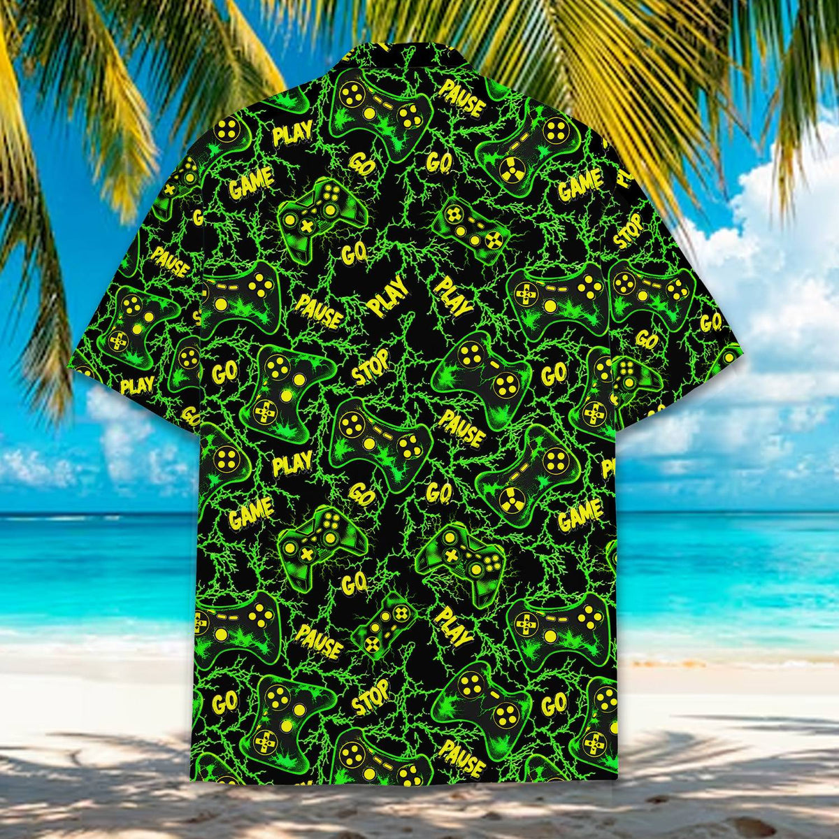Front view of the gaming hawaiian shirt featuring neon green lightning bolts
