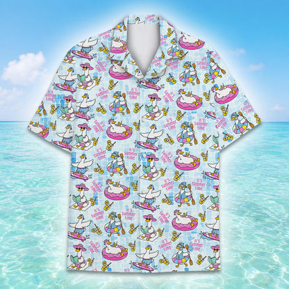 Geese summer hawaiian shirt featuring cartoon birds on pink flamingo floaties