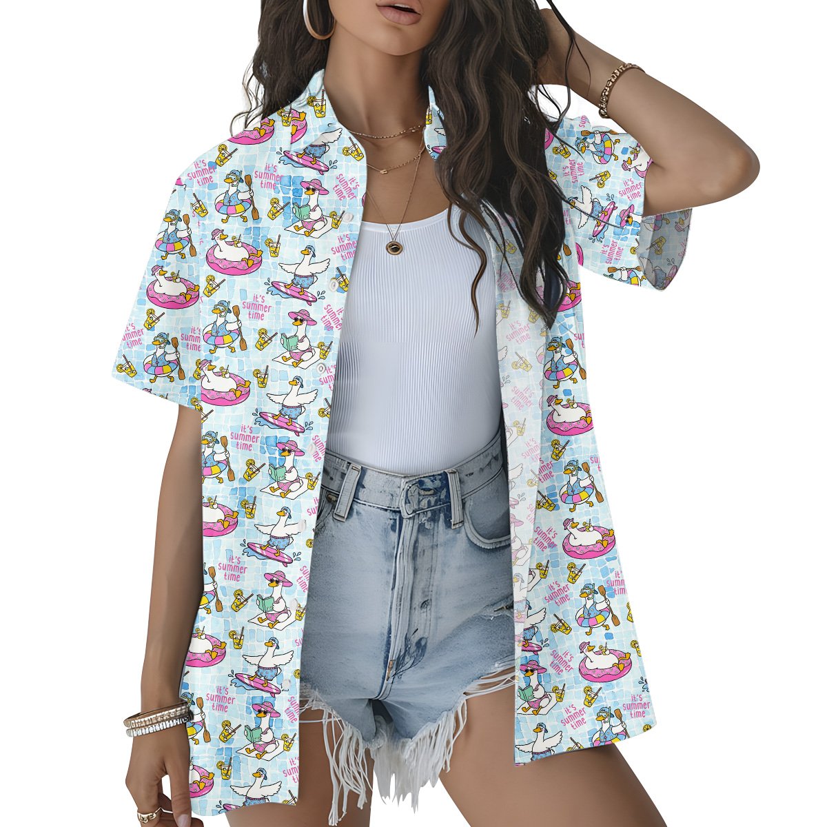 Lifestyle photo showing the light blue and pink summer shirt