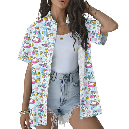 Lifestyle photo showing the light blue and pink summer shirt