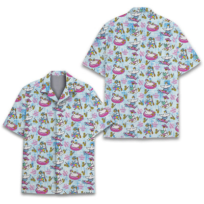 Detailed view of the fabric and print on the geese summer hawaiian shirt