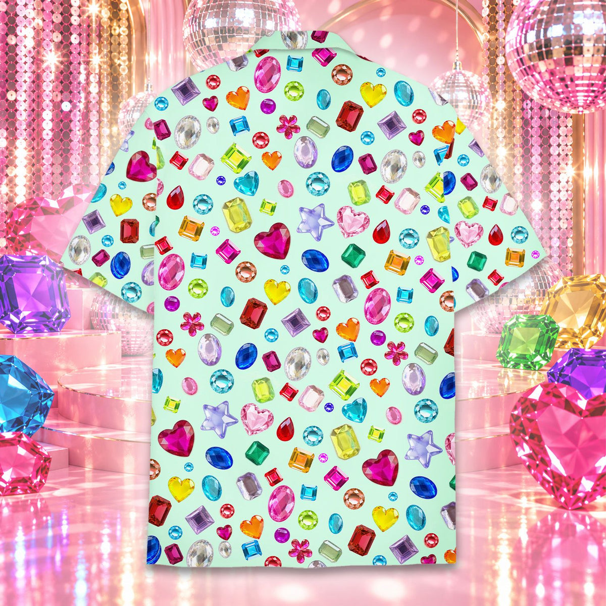 Multicolor gemstones hawaiian shirt, back detail 2