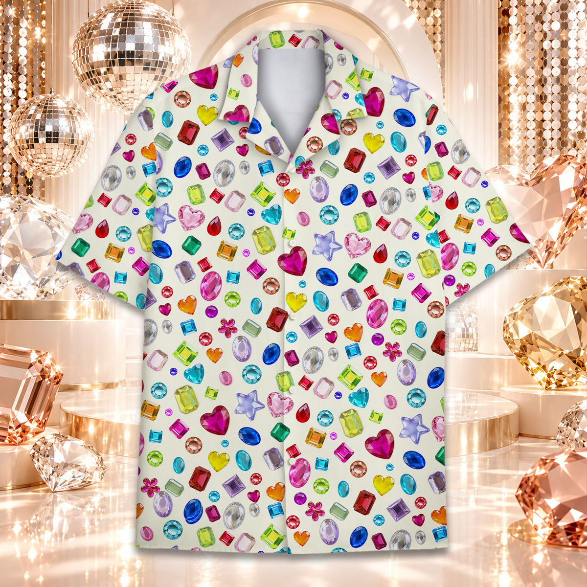 Multicolor gemstones hawaiian shirt, front detail 2