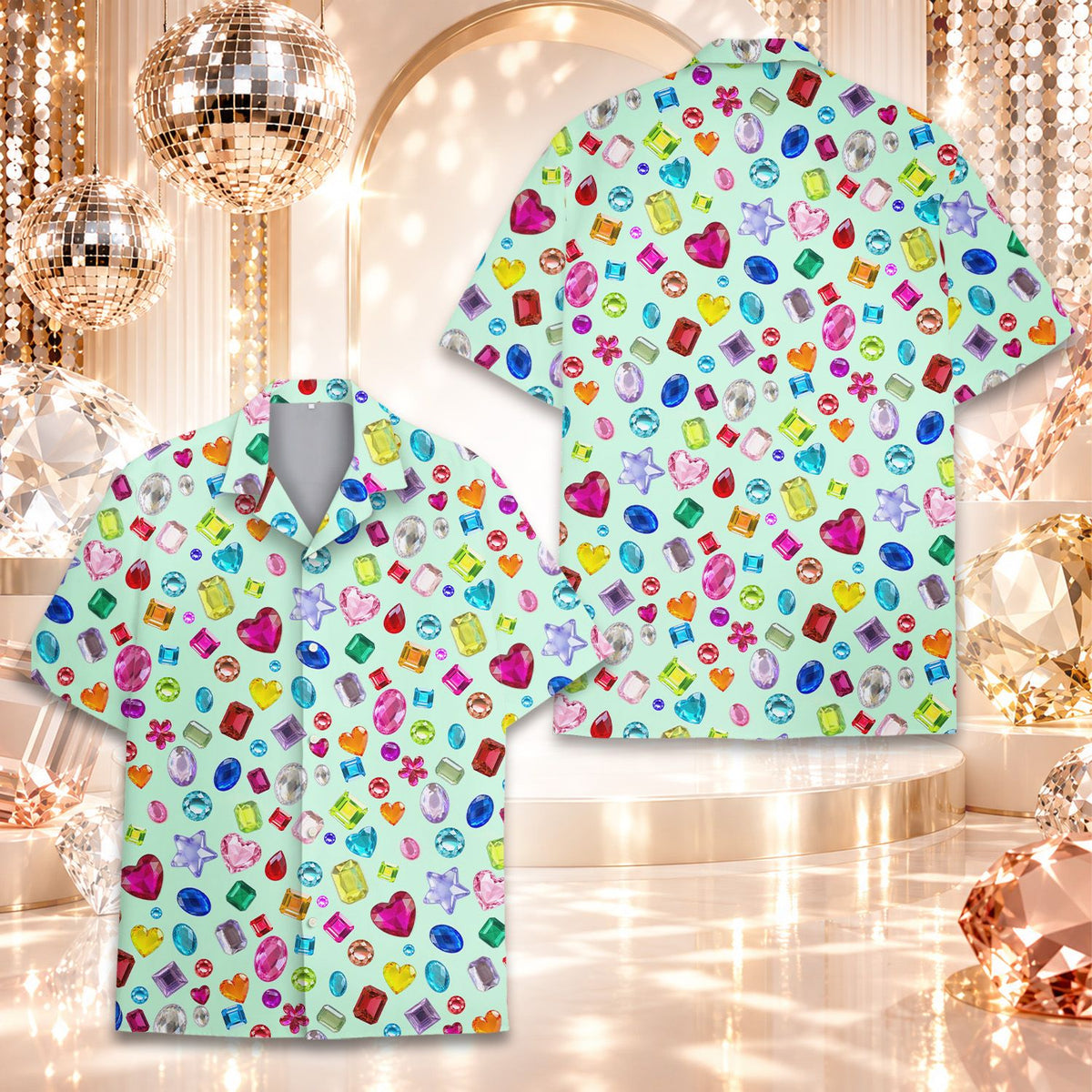 Multicolor gemstones hawaiian shirt, front detail 4